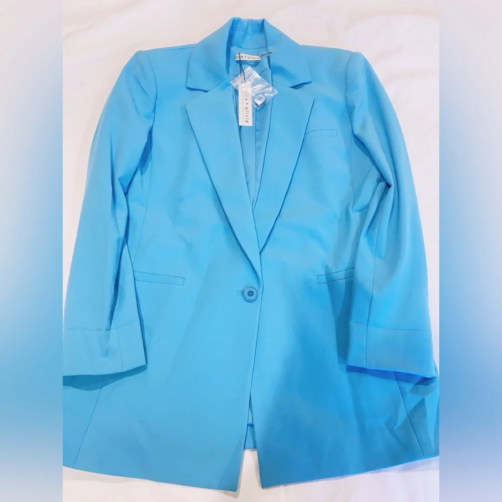NWT $550 Alice Olivia Shan Strong-shoulder Ruched-sleeve Blazer In Oxford Blue